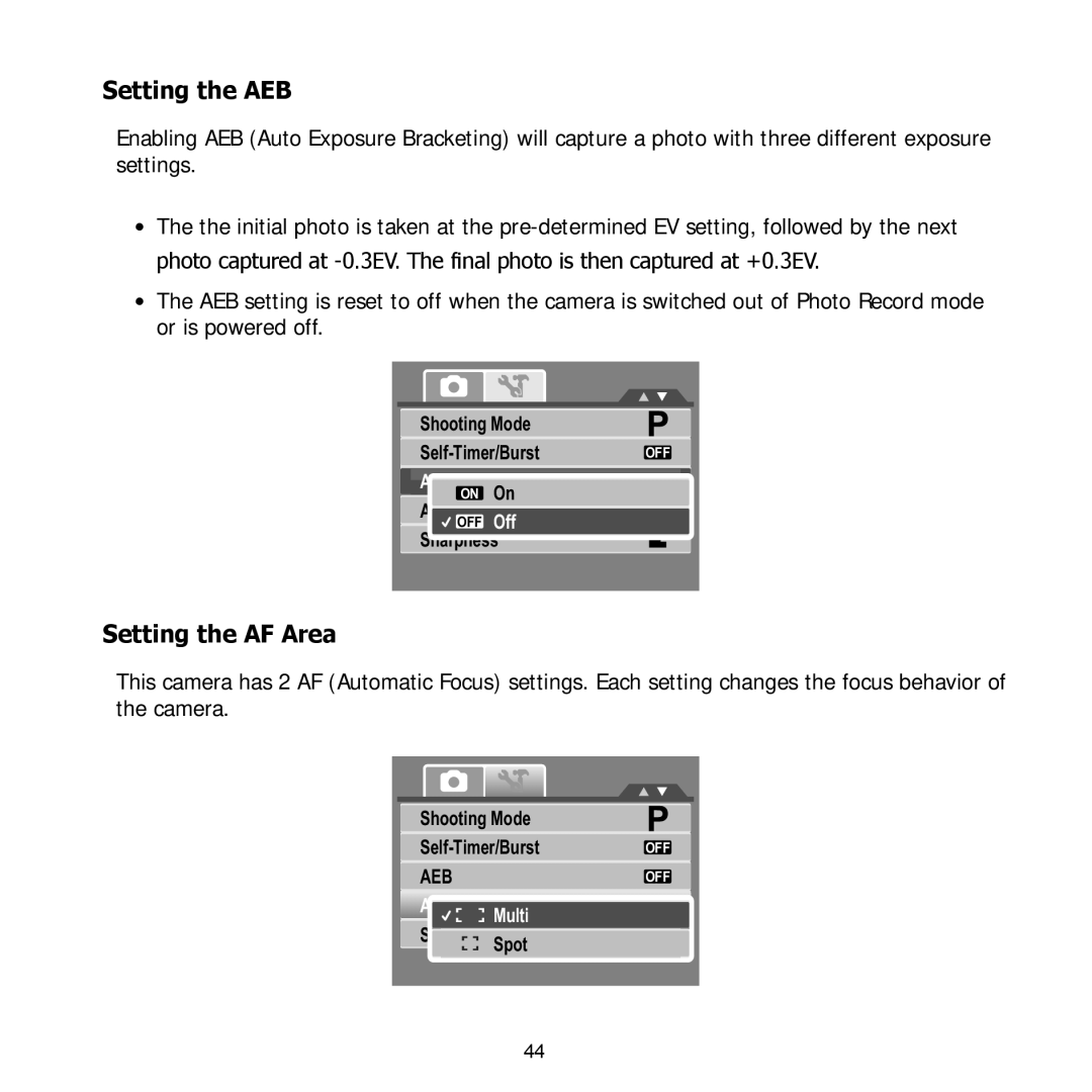 HP PW550 manual Setting the AEB, Setting the AF Area 