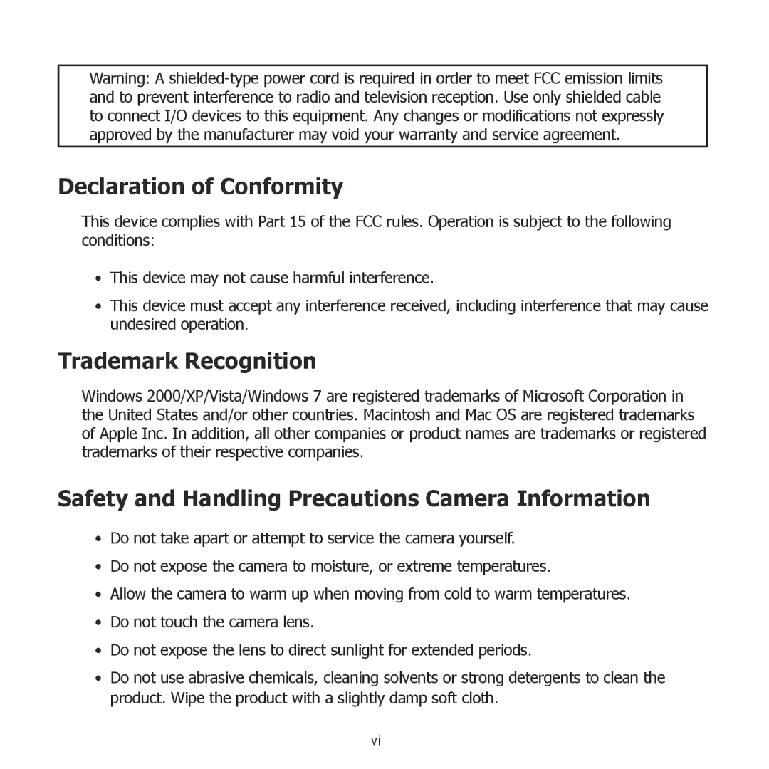 HP PW550 manual Declaration of Conformity, Trademark Recognition, Safety and Handling Precautions Camera Information 