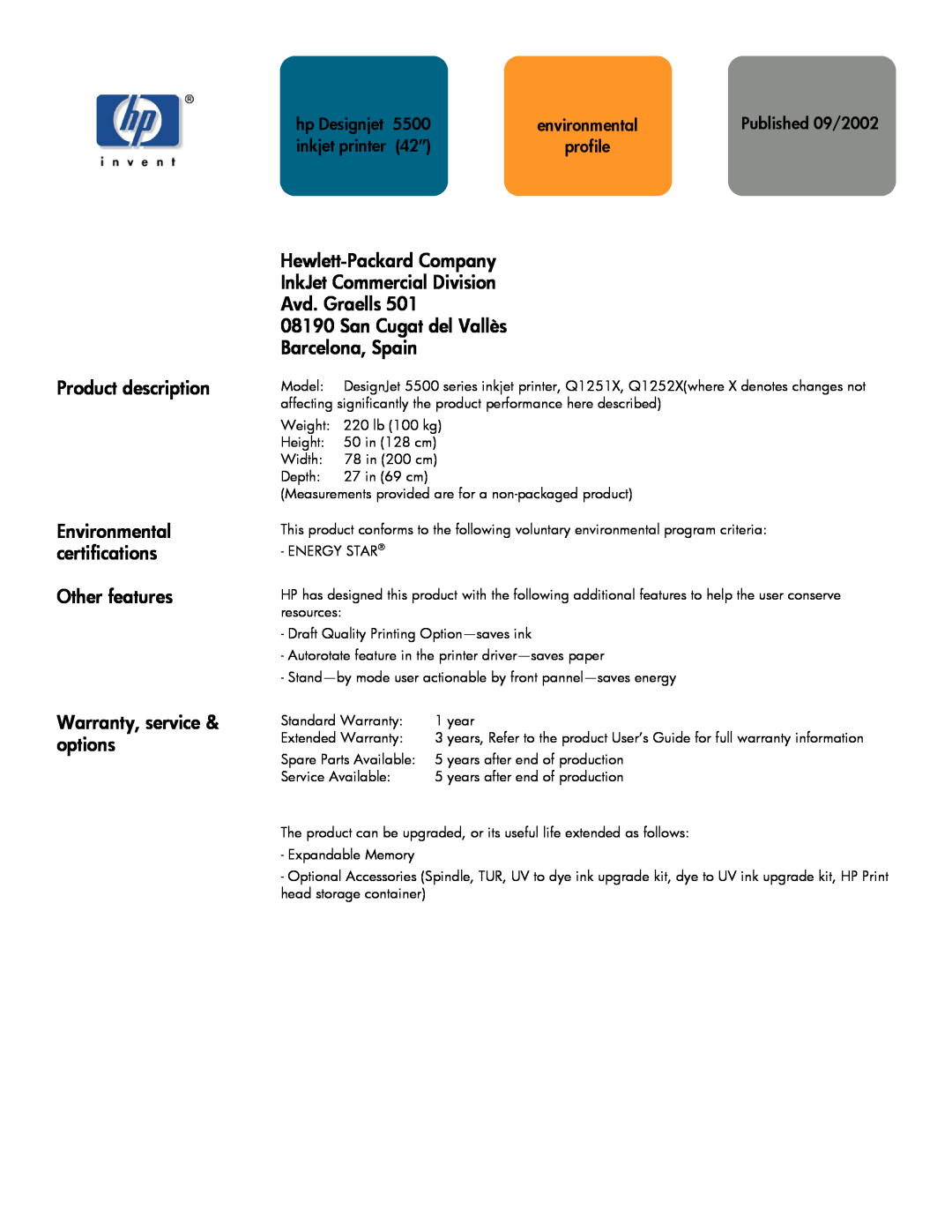 HP Q1252X manual Product description Environmental certifications Other features, Warranty, service & options, 5500 