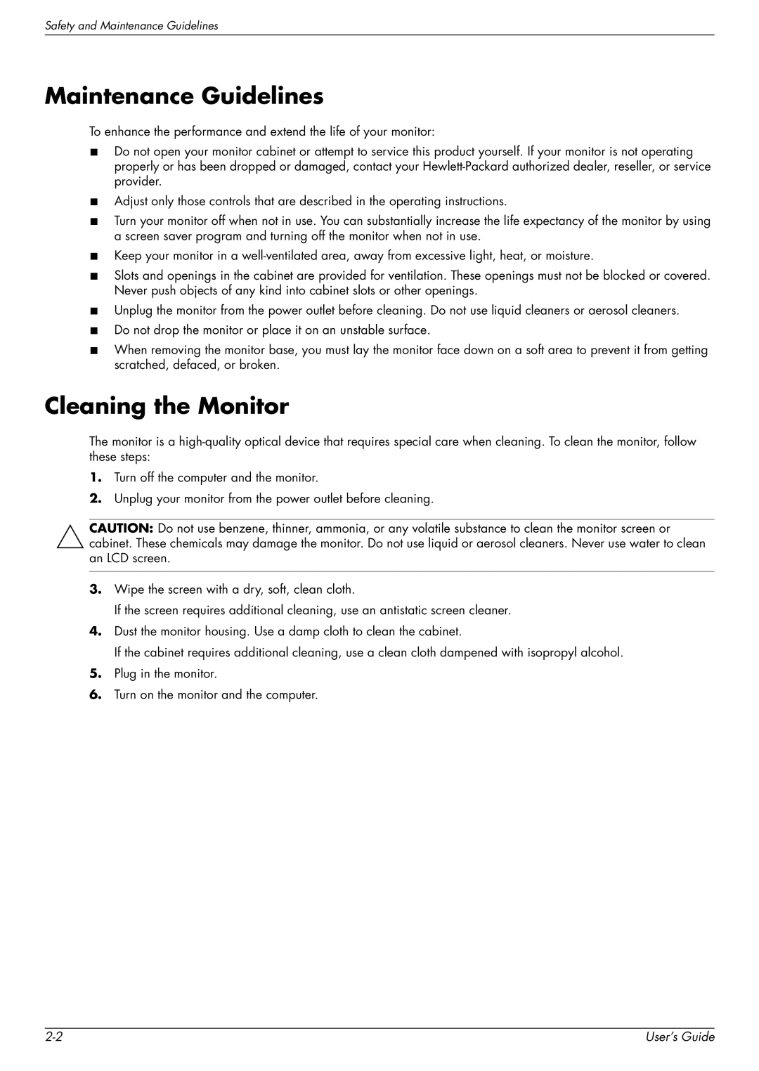 HP Q2009, Q1859, Q2159 manual Maintenance Guidelines, Cleaning the Monitor 