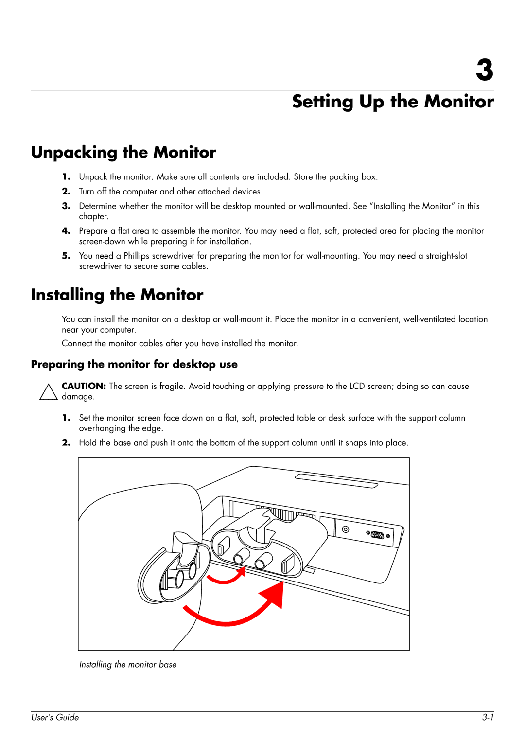 HP Q2159 Setting Up the Monitor, Unpacking the Monitor, Installing the Monitor, Preparing the monitor for desktop use 