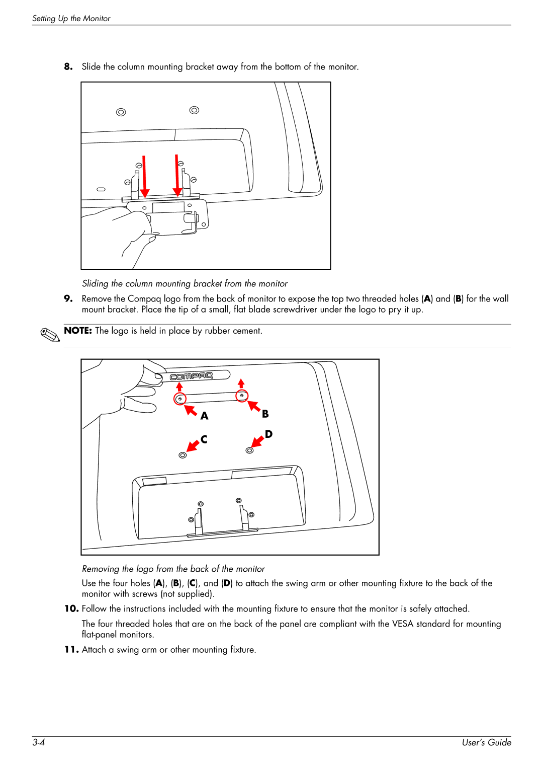 HP Q2159, Q1859, Q2009 manual Sliding the column mounting bracket from the monitor 