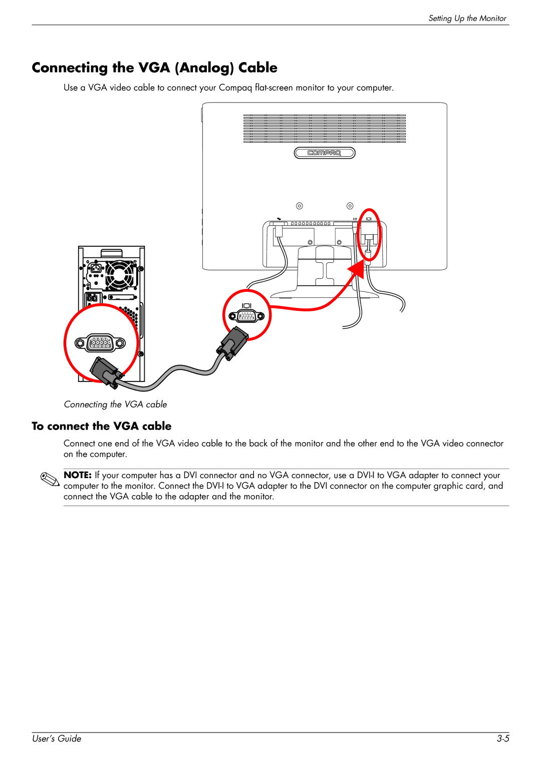 HP Q1859, Q2009, Q2159 manual Connecting the VGA Analog Cable, To connect the VGA cable 