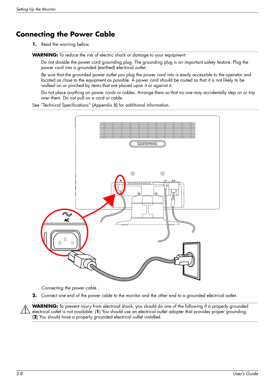 HP Q1859, Q2009, Q2159 manual Connecting the Power Cable, Connecting the power cable 