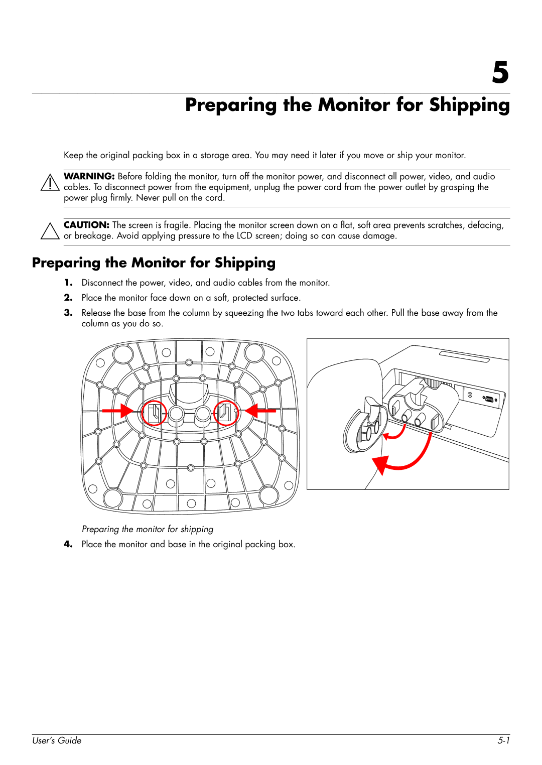 HP Q2159, Q1859, Q2009 manual Preparing the Monitor for Shipping 