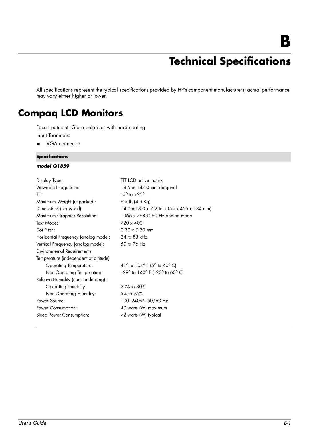 HP Q2009, Q2159 manual Technical Specifications, Specifications model Q1859 