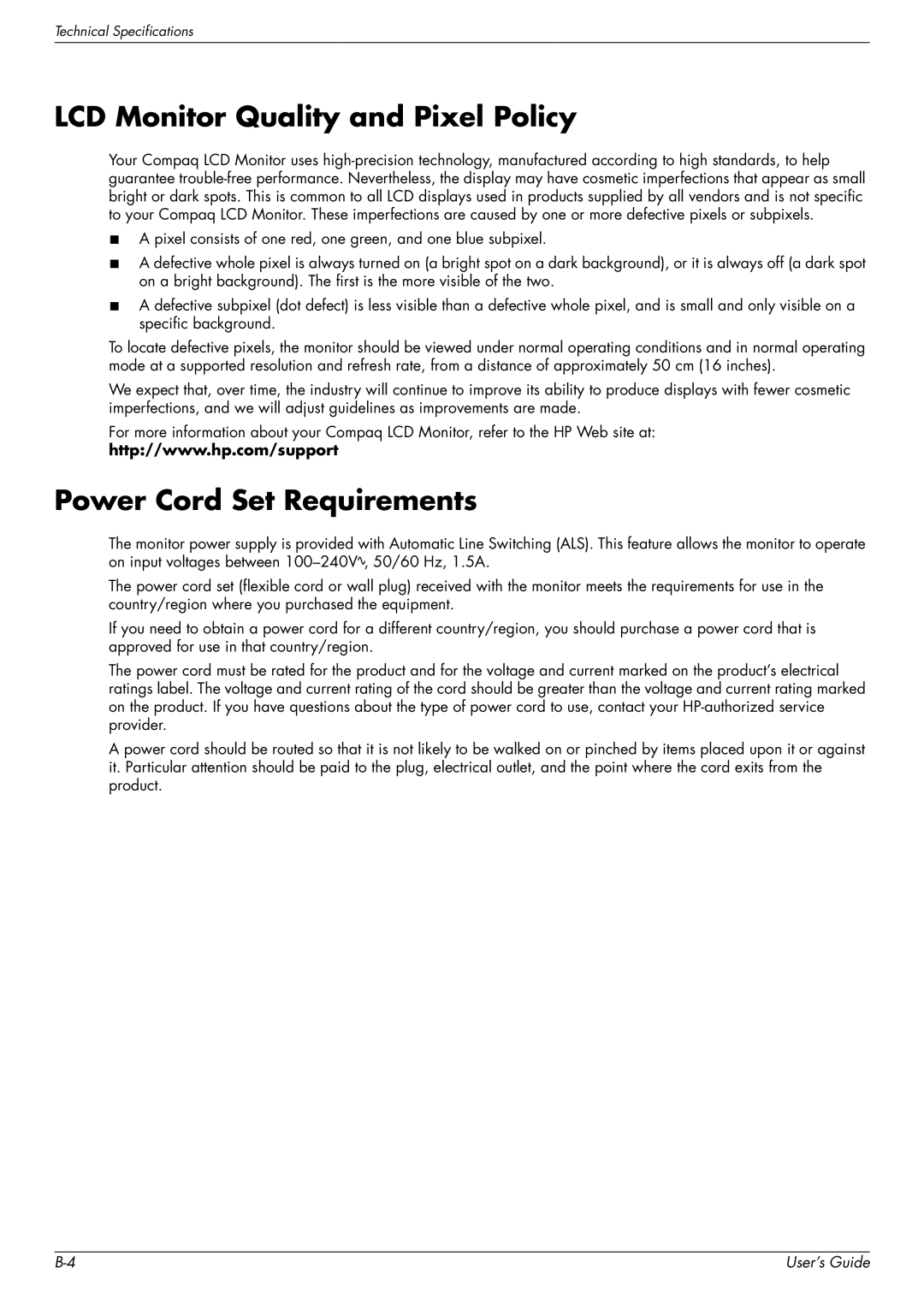 HP Q1859, Q2009, Q2159 manual LCD Monitor Quality and Pixel Policy, Power Cord Set Requirements 