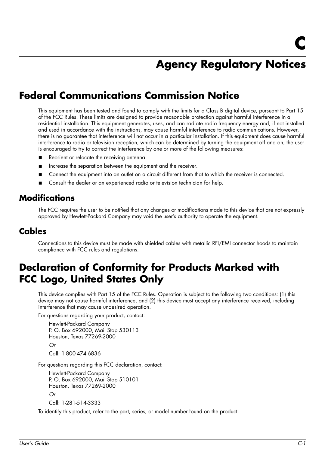 HP Q2009, Q1859, Q2159 manual Agency Regulatory Notices, Federal Communications Commission Notice, Modifications, Cables 