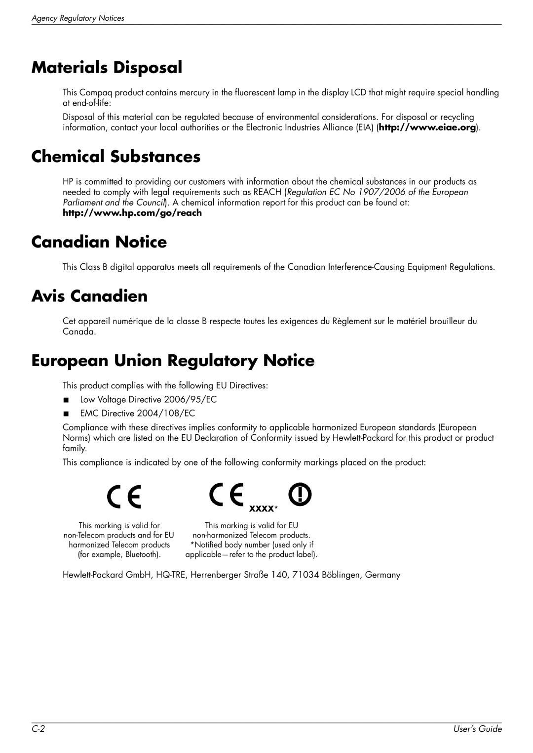 HP Q2159, Q1859 Materials Disposal, Chemical Substances Canadian Notice, Avis Canadien, European Union Regulatory Notice 