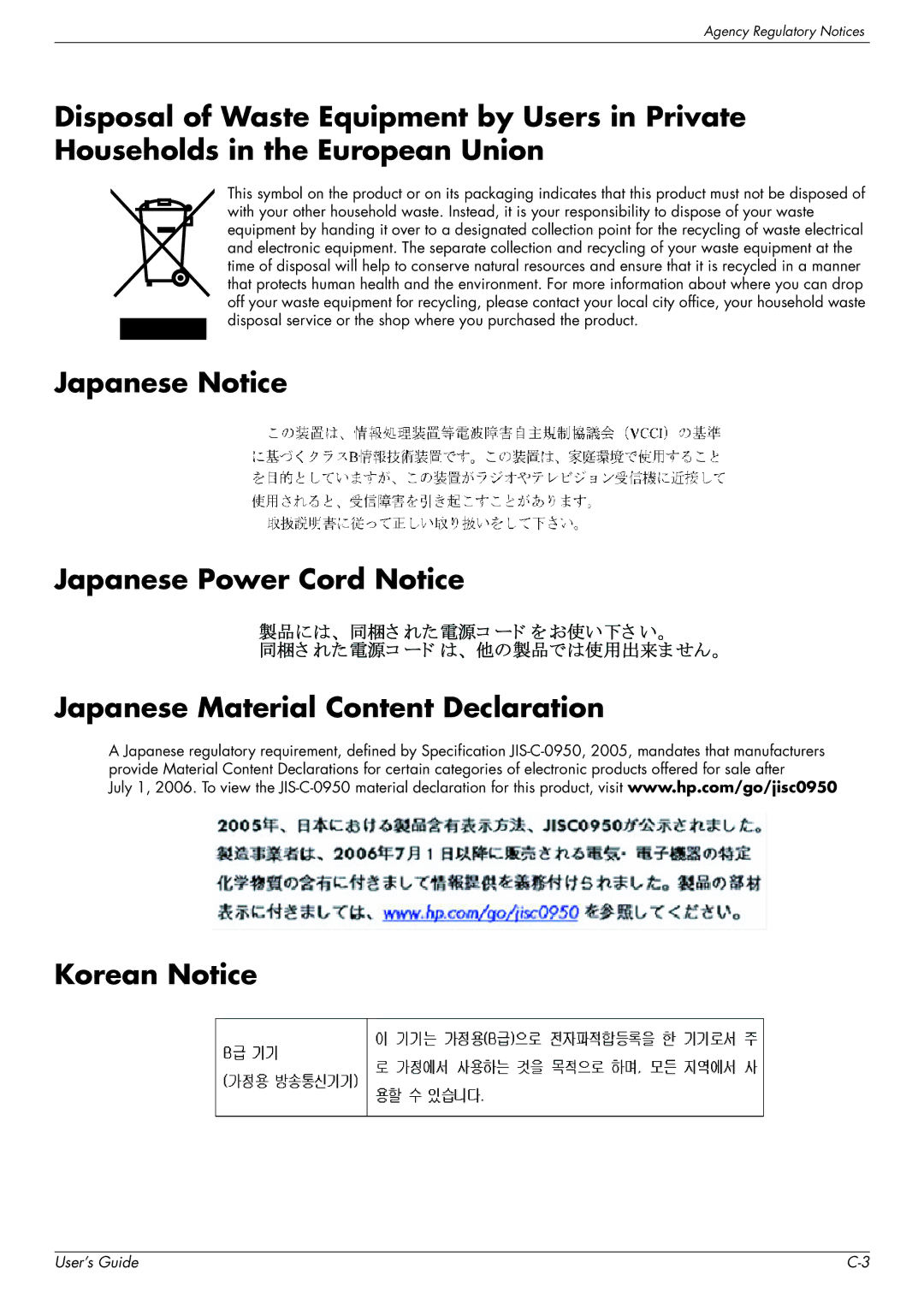 HP Q1859, Q2009, Q2159 manual Korean Notice 