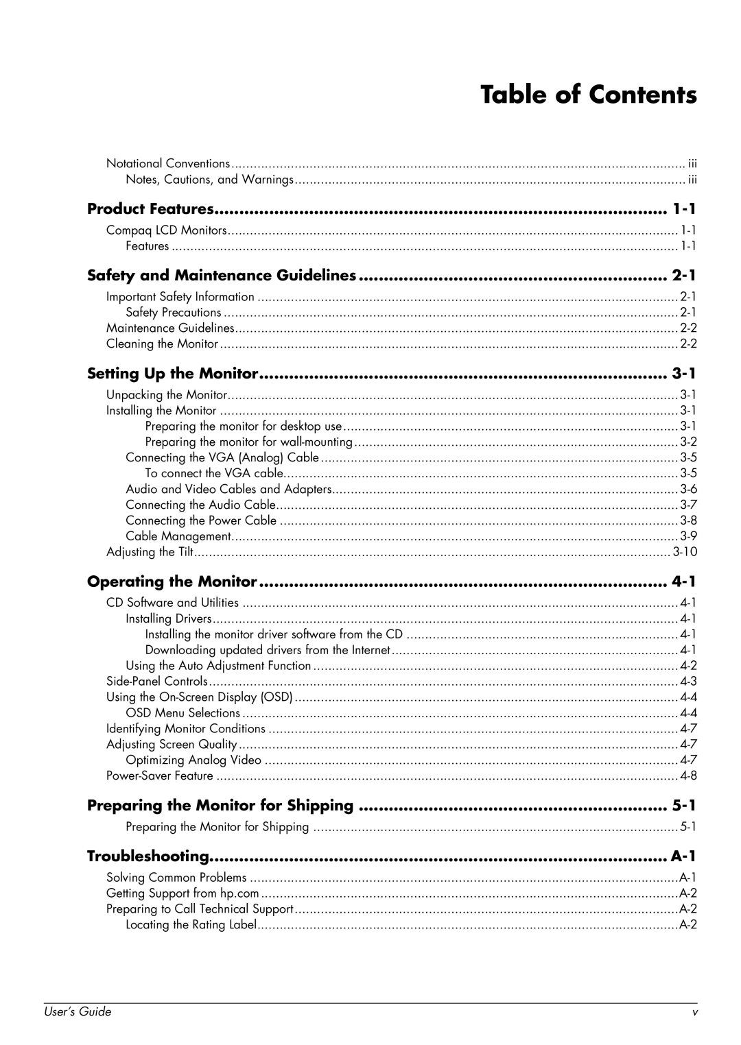 HP Q2159, Q1859, Q2009 manual Table of Contents 