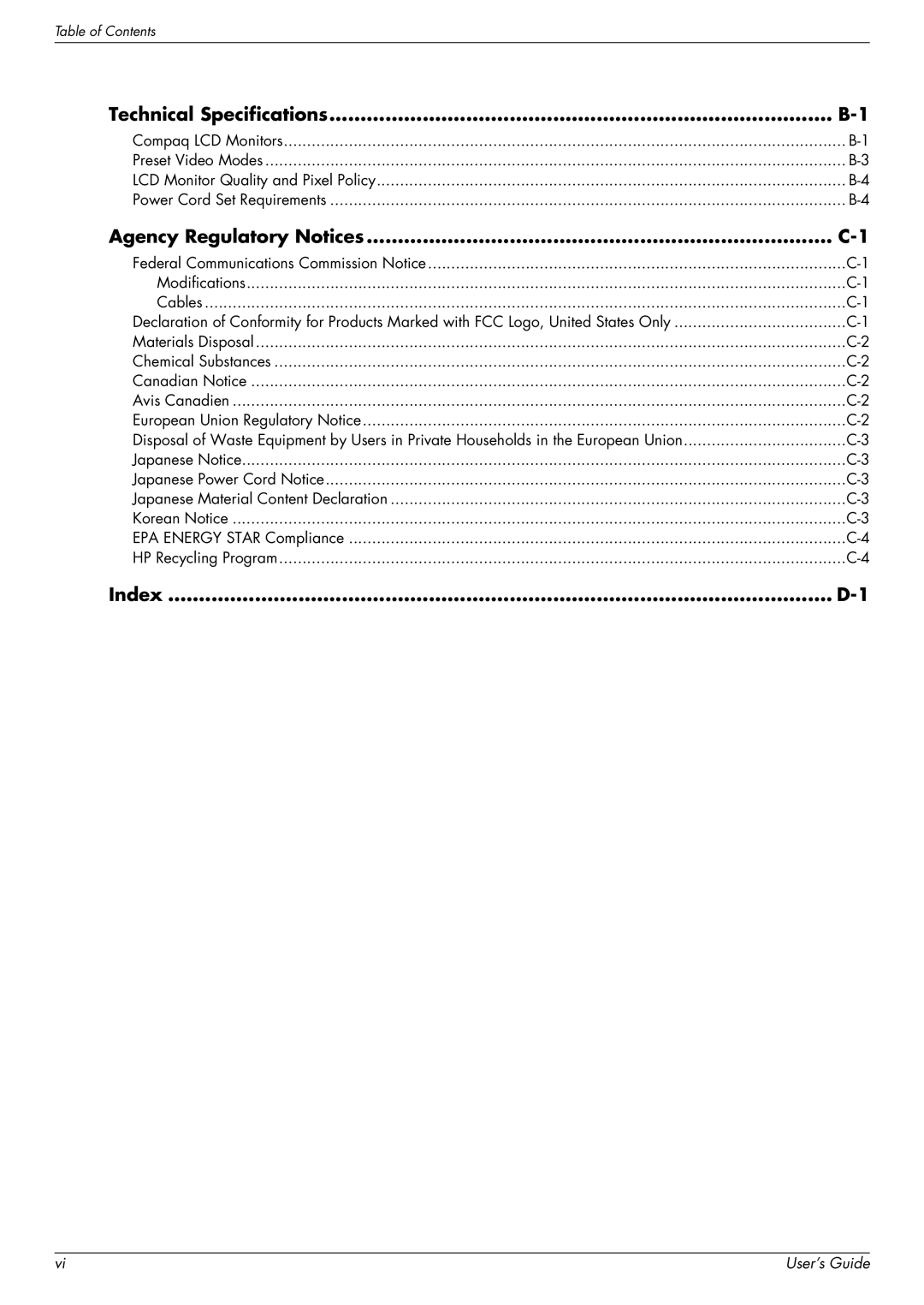 HP Q1859, Q2009, Q2159 manual Technical Specifications, Agency Regulatory Notices, Index 