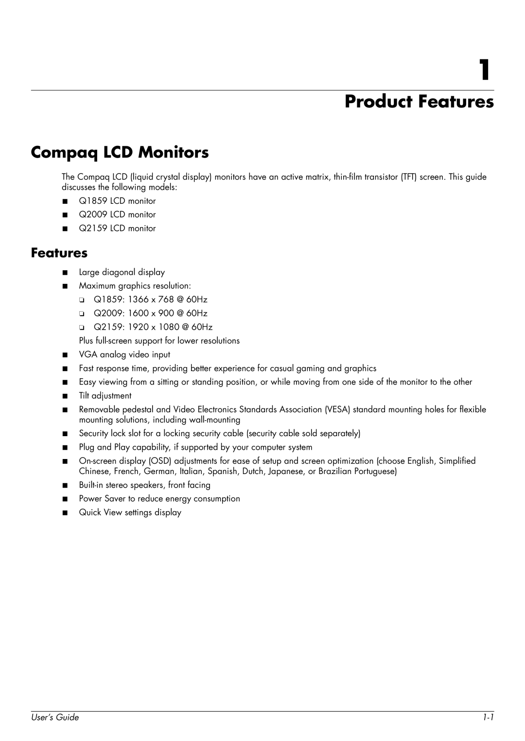 HP Q2009, Q1859, Q2159 manual Product Features, Compaq LCD Monitors 