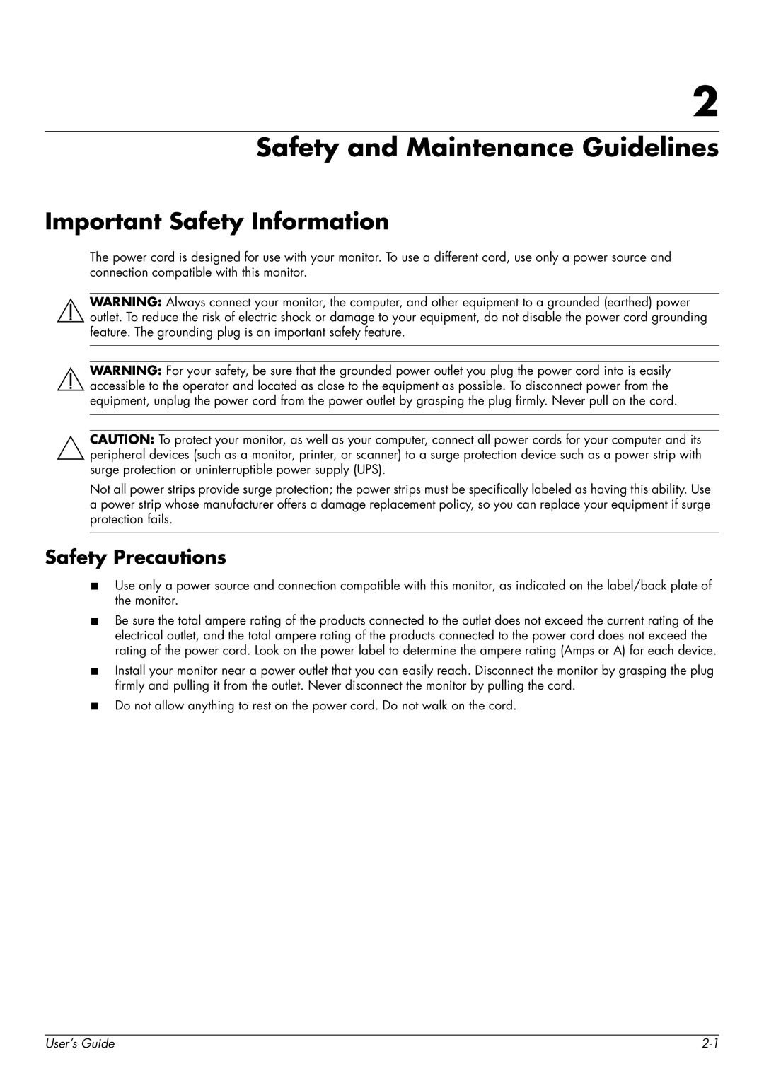 HP Q1859, Q2009, Q2159 manual Safety and Maintenance Guidelines, Important Safety Information, Safety Precautions 