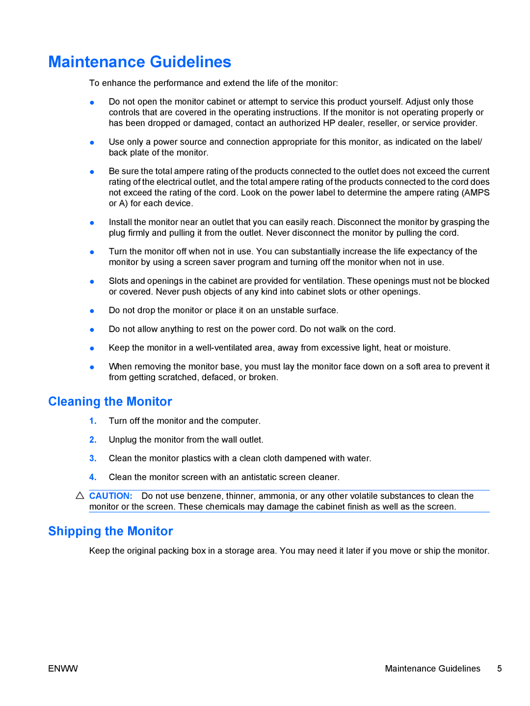 HP Q1910S, Q2210S, Q2010S manual Maintenance Guidelines, Cleaning the Monitor, Shipping the Monitor 