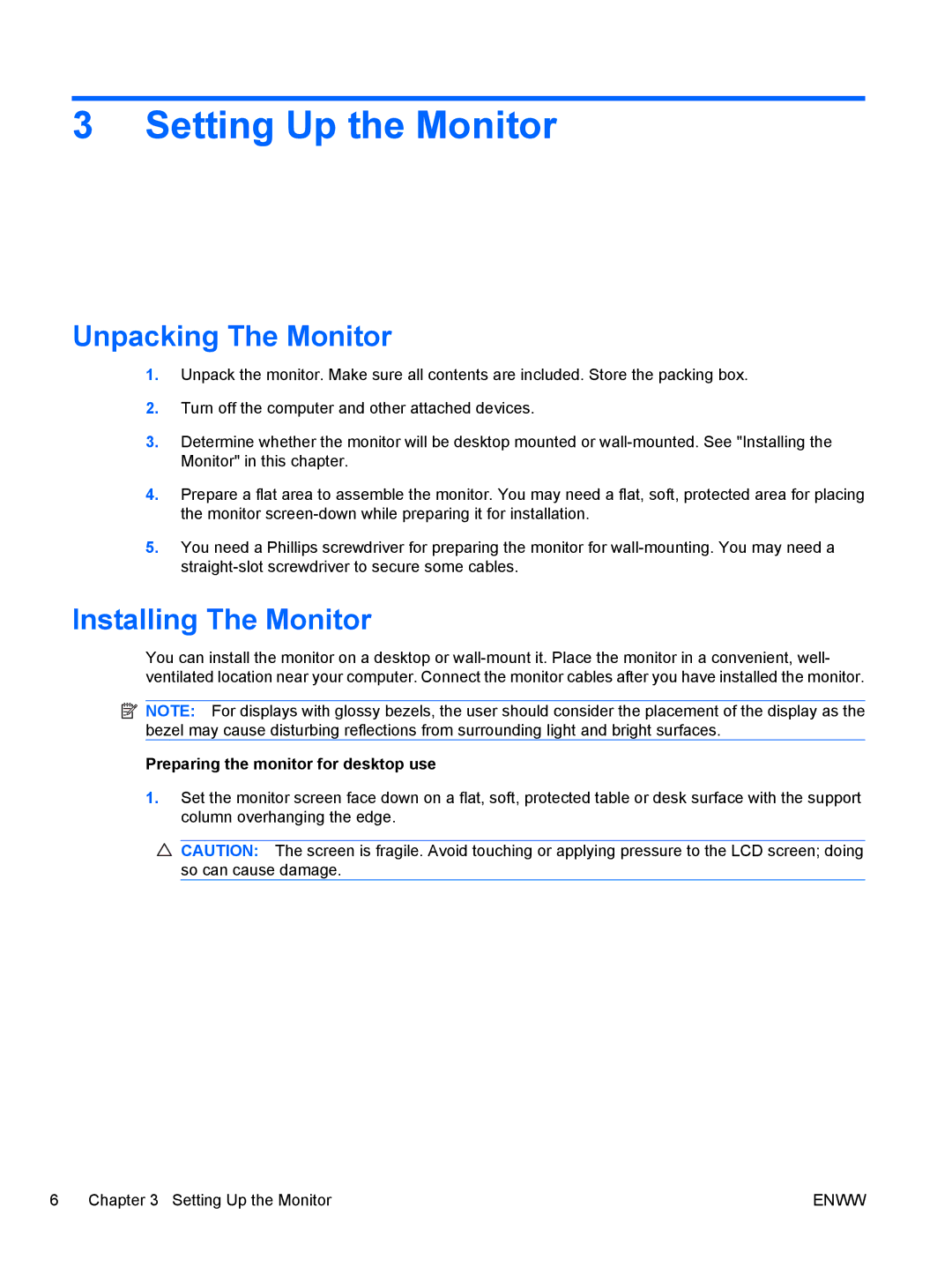 HP Q2210 Setting Up the Monitor, Unpacking The Monitor, Installing The Monitor, Preparing the monitor for desktop use 