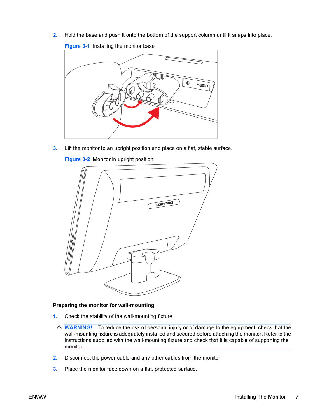 HP Q2210S, Q2010S, Q1910S manual Preparing the monitor for wall-mounting 