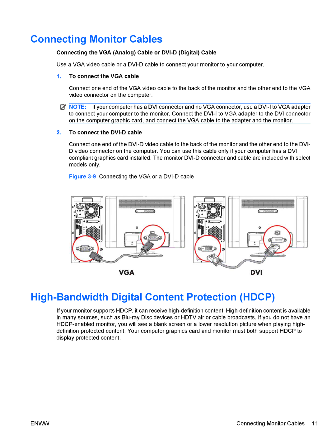 HP Q1910S, Q2210, Q2010 Connecting Monitor Cables, High-Bandwidth Digital Content Protection Hdcp, To connect the VGA cable 