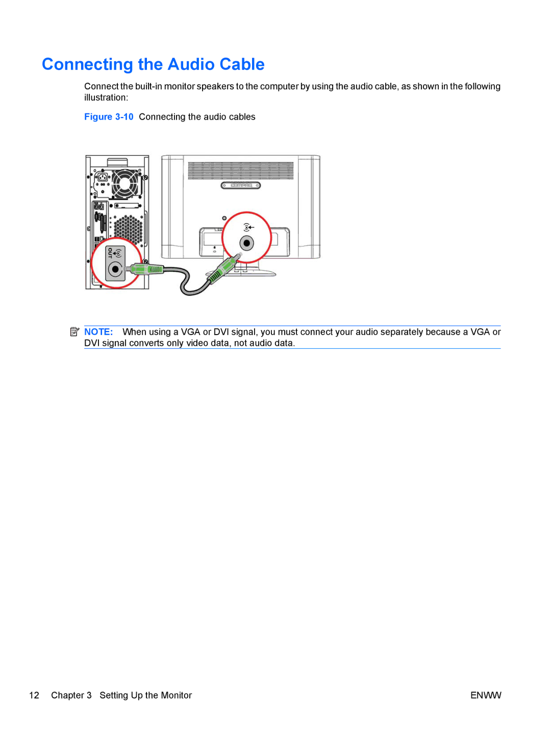 HP Q2210S, Q2010S, Q1910S manual Connecting the Audio Cable, 10Connecting the audio cables Setting Up the Monitor 