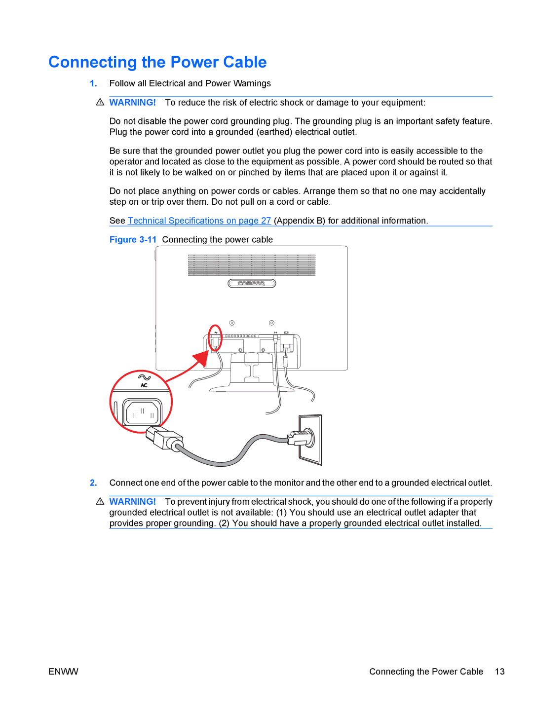 HP Q2210S, Q2010S, Q1910S manual Connecting the Power Cable 