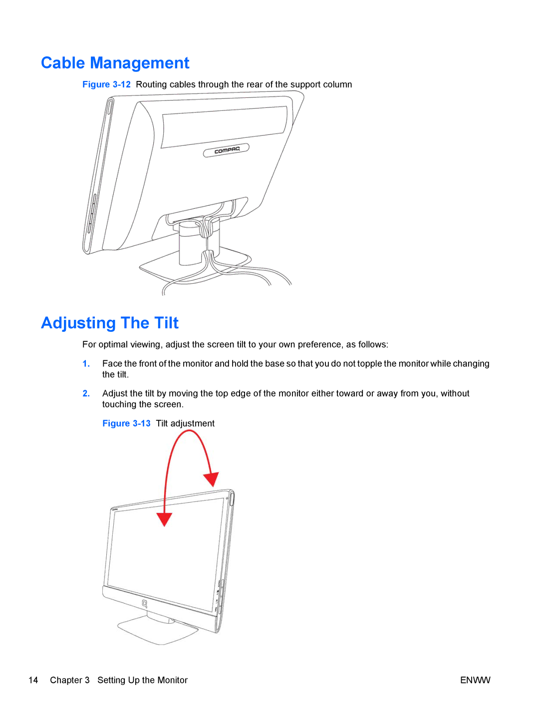 HP Q2210S, Q2010S, Q1910S manual Cable Management, Adjusting The Tilt 