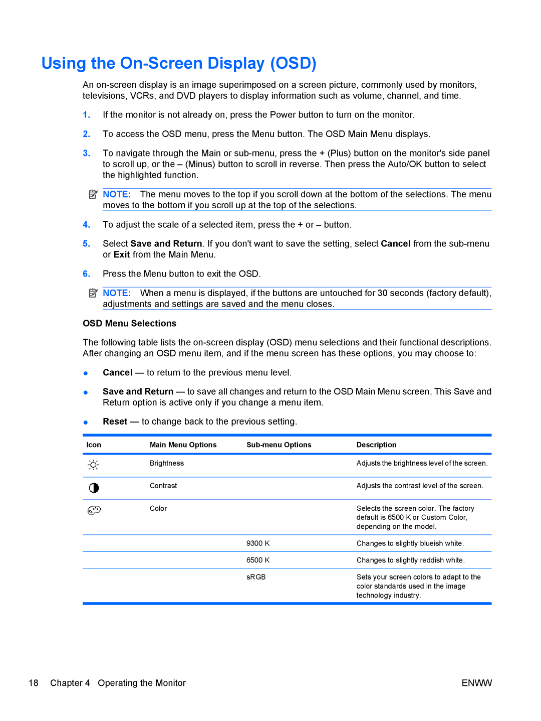 HP Q2210S, Q2010S, Q1910S manual Using the On-Screen Display OSD, OSD Menu Selections 