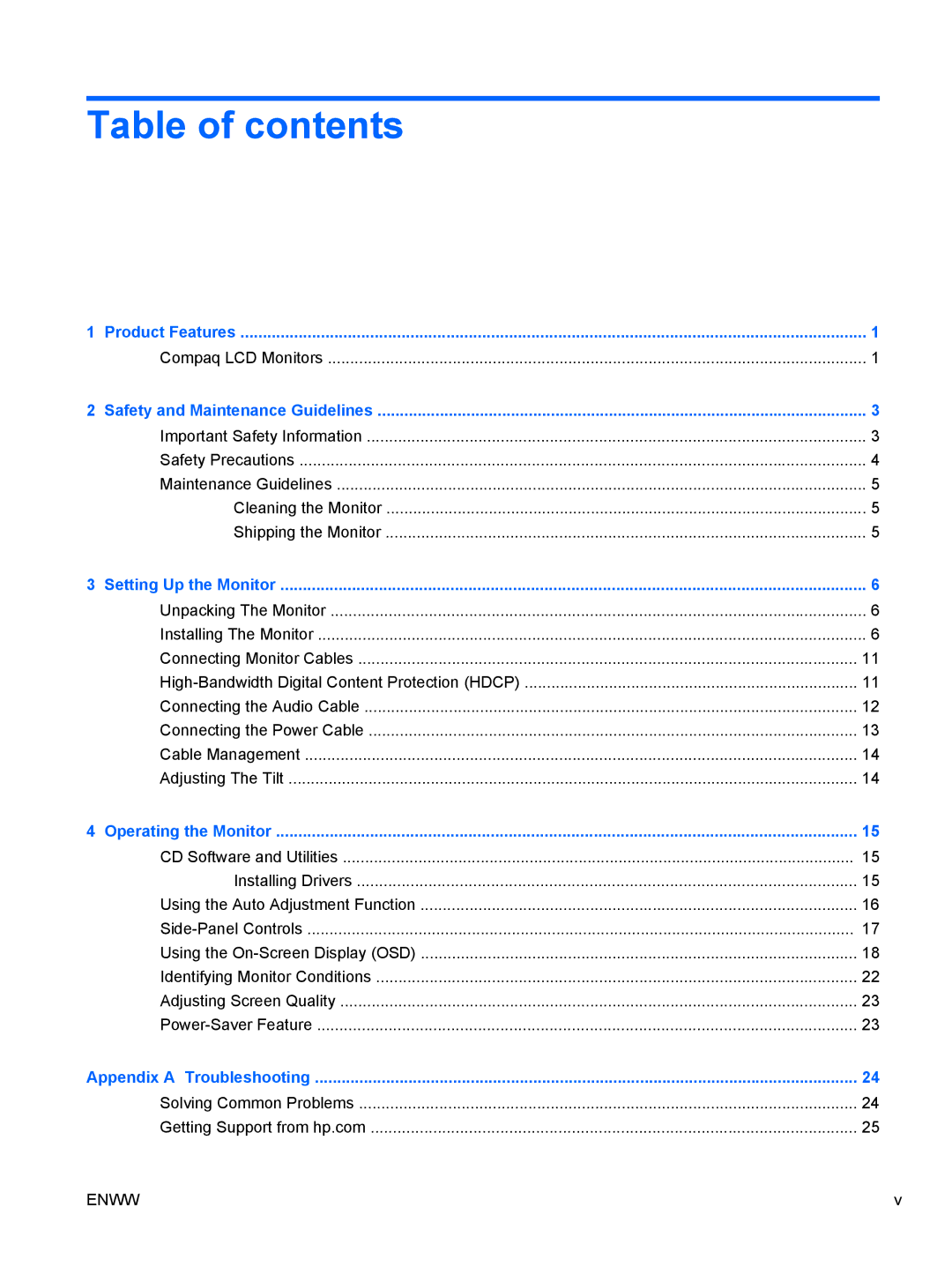 HP Q1910S, Q2210S, Q2010S manual Table of contents 