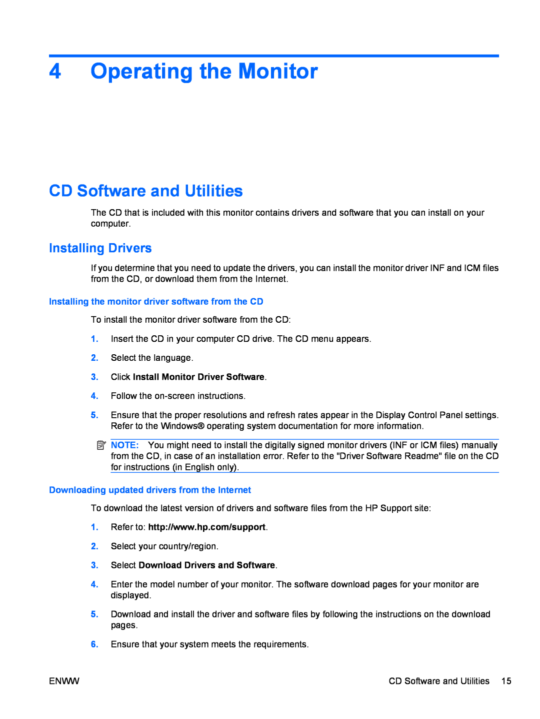 HP Q2010 manual Operating the Monitor, CD Software and Utilities, Installing Drivers, Click Install Monitor Driver Software 