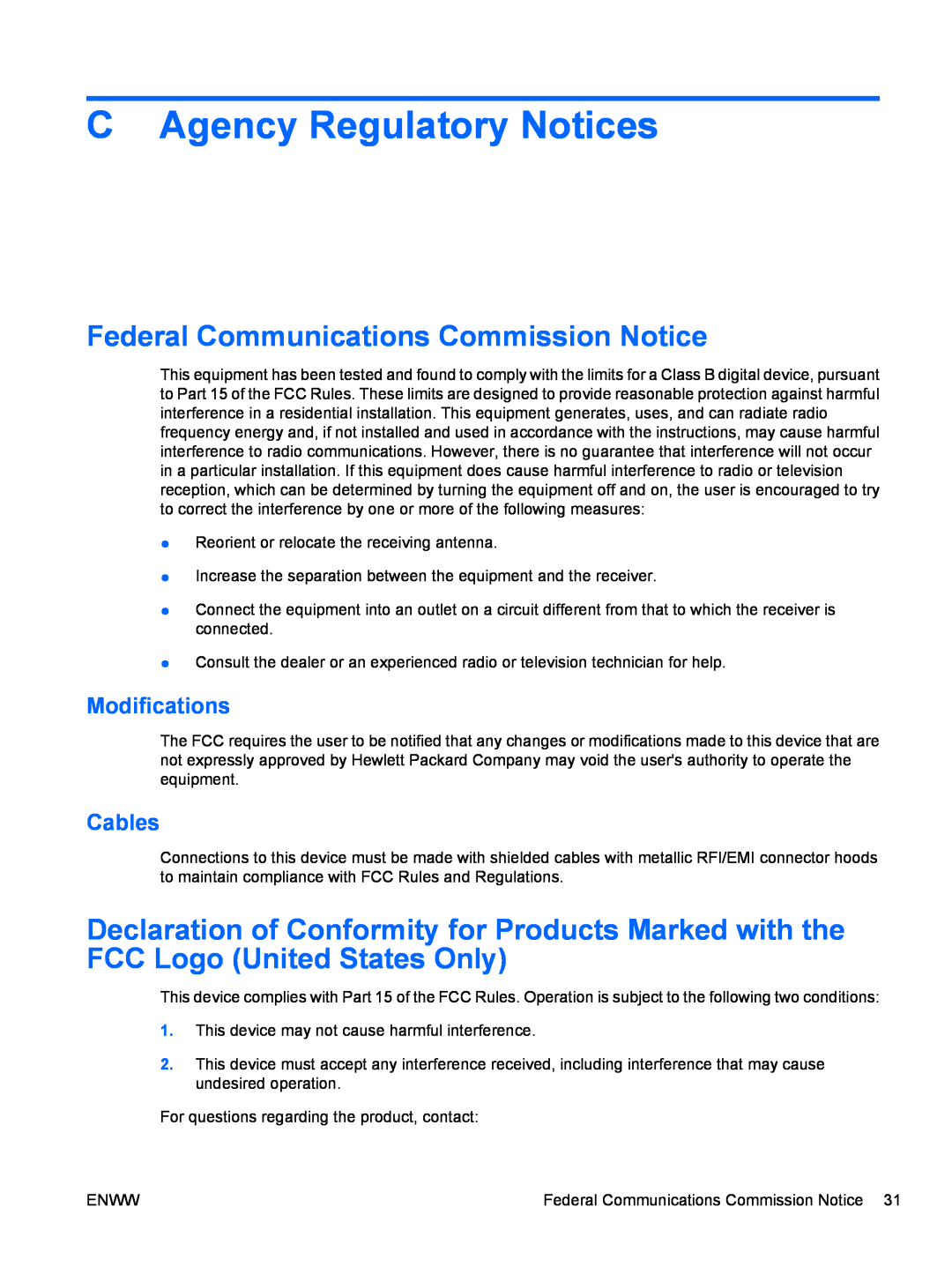 HP Q2210S, Q2010S, Q1910S C Agency Regulatory Notices, Federal Communications Commission Notice, Modifications, Cables 