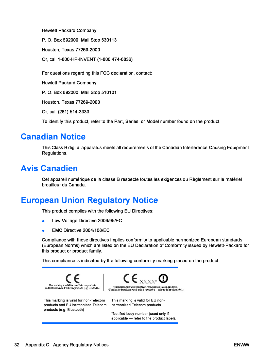 HP Q2010S, Q2210S, Q1910S manual Canadian Notice, Avis Canadien, European Union Regulatory Notice 