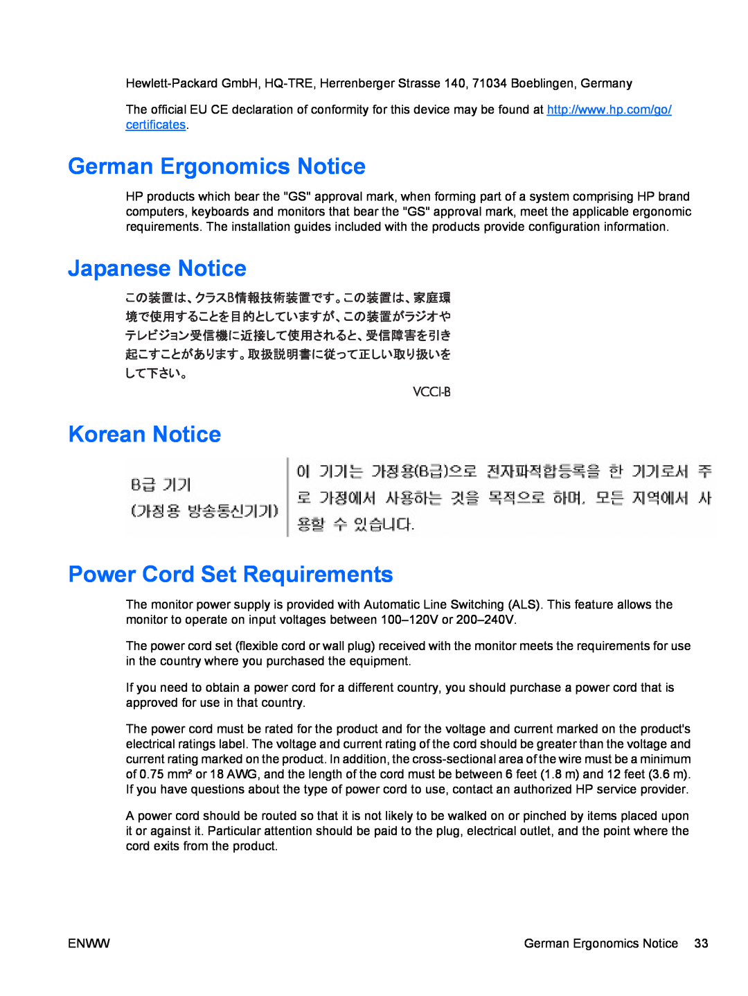 HP Q1910S, Q2210S, Q2010S manual German Ergonomics Notice, Japanese Notice Korean Notice Power Cord Set Requirements 