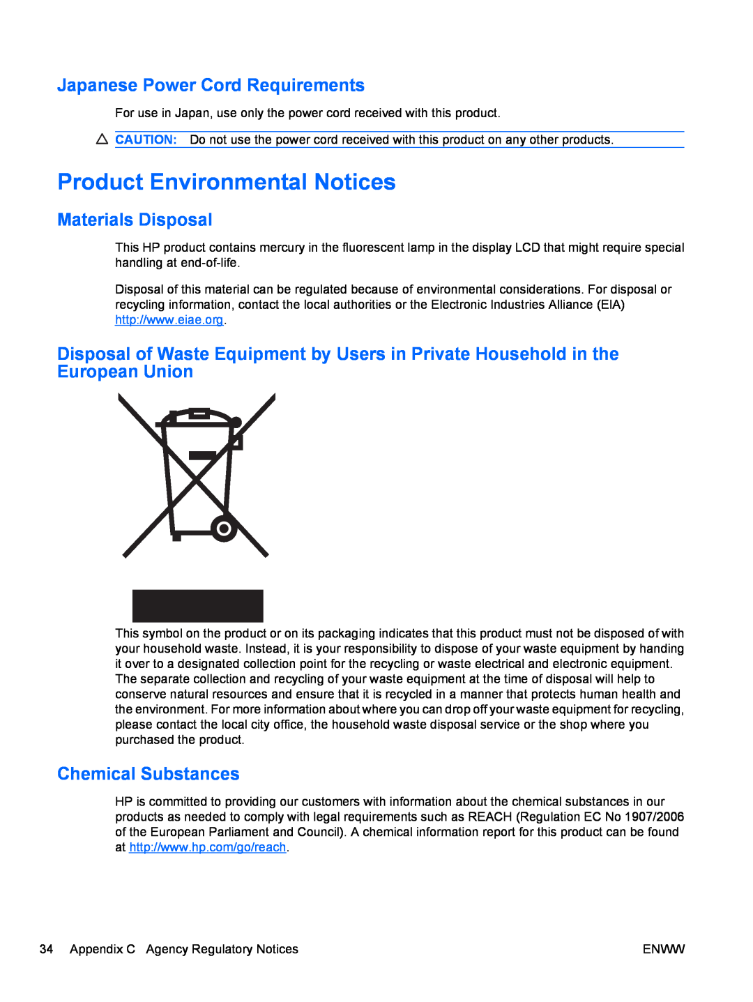 HP Q2210, Q2010 Product Environmental Notices, Japanese Power Cord Requirements, Materials Disposal, Chemical Substances 