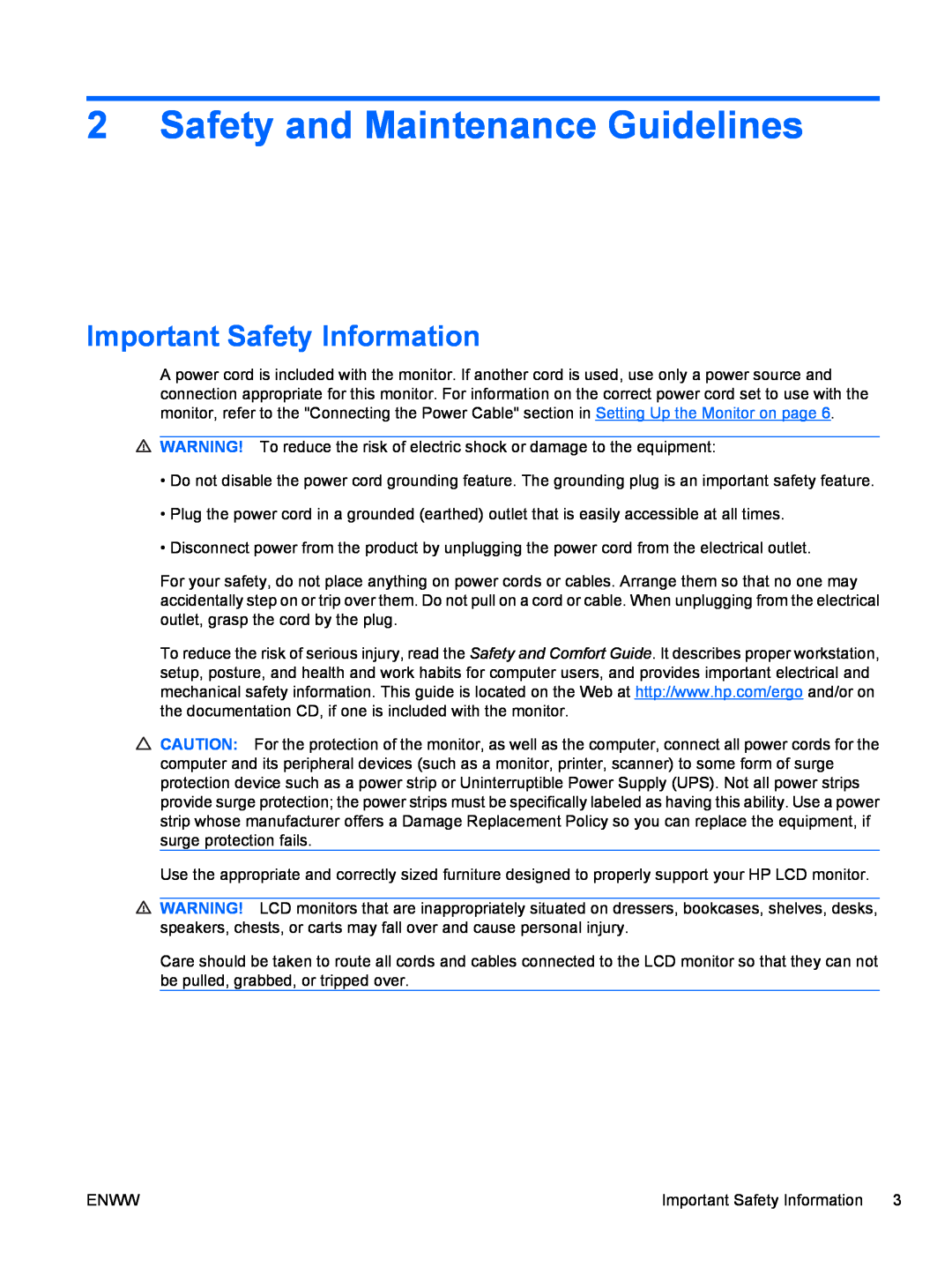 HP Q1910S, Q2210S, Q2010S manual Safety and Maintenance Guidelines, Important Safety Information 
