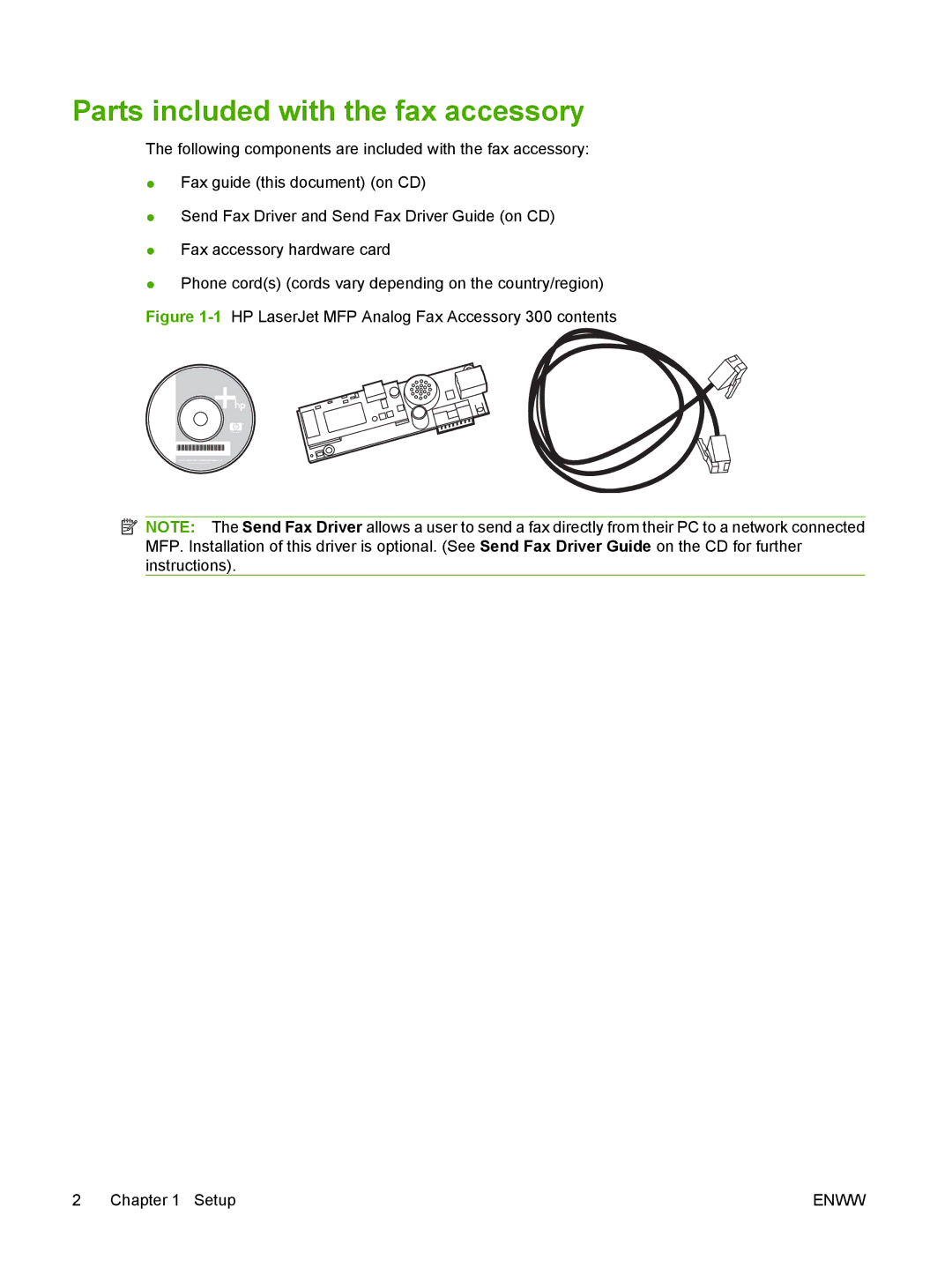 HP Q3701 manual Parts included with the fax accessory, 1HP LaserJet MFP Analog Fax Accessory 300 contents Setup 