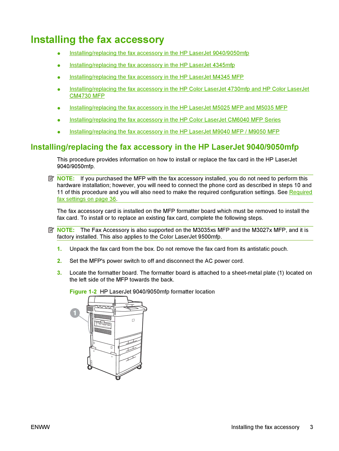 HP Q3701 manual Installing the fax accessory, 2HP LaserJet 9040/9050mfp formatter location 