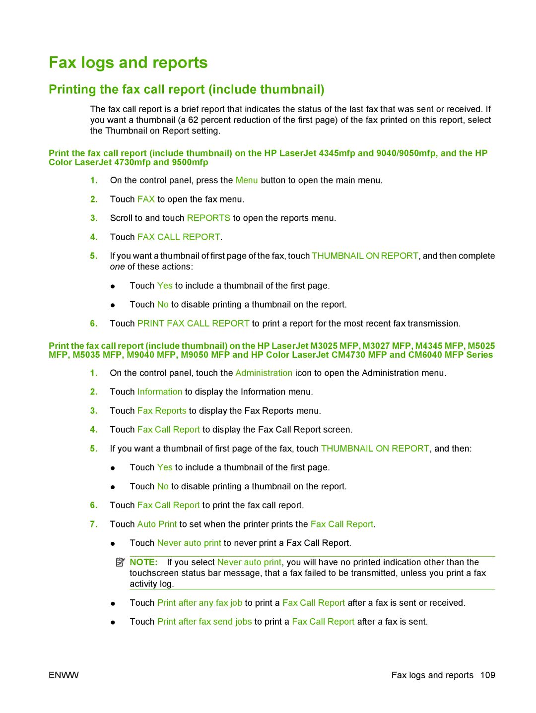 HP Q3701 manual Fax logs and reports, Printing the fax call report include thumbnail, Touch FAX Call Report 