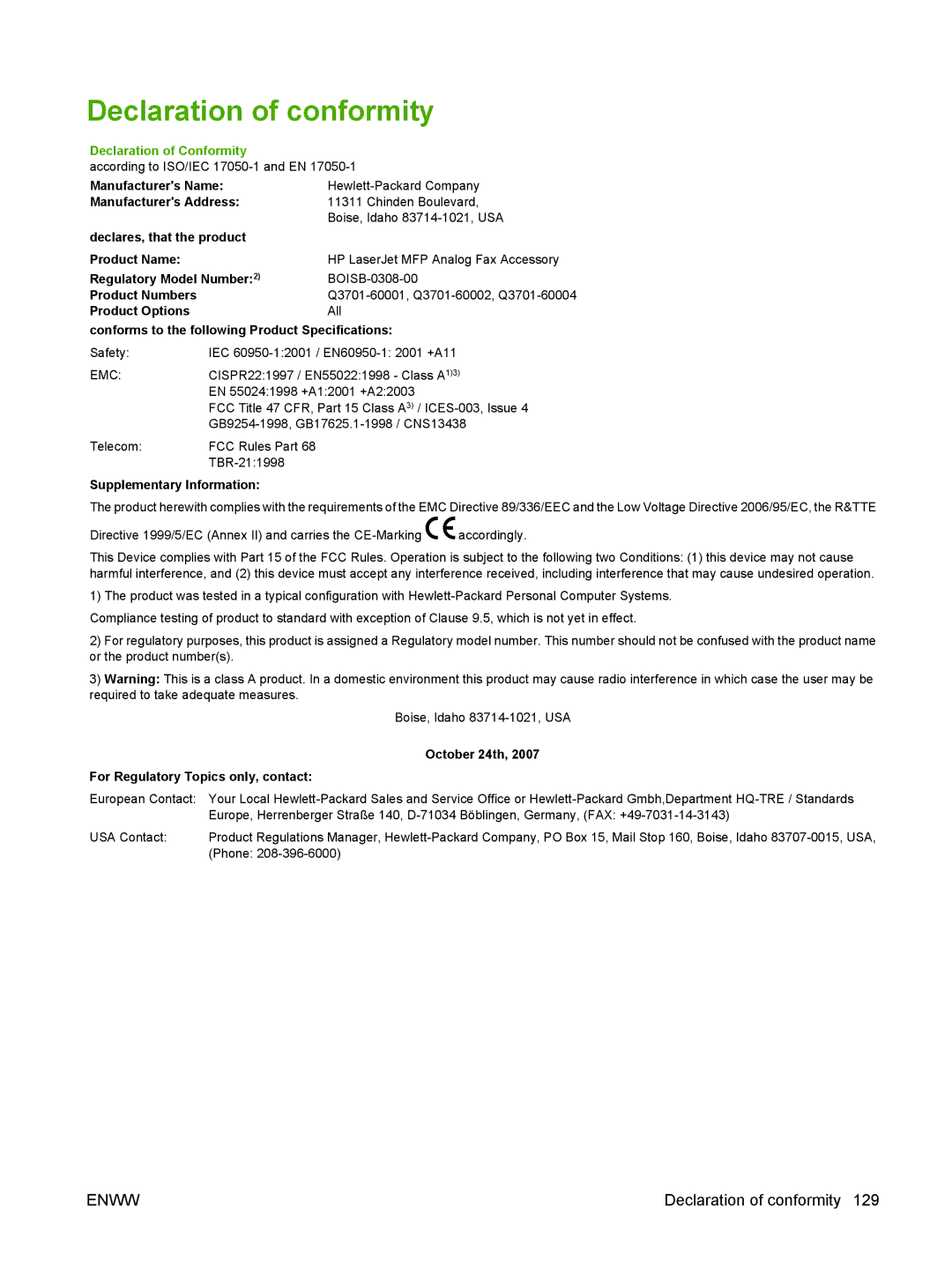 HP Q3701 manual Declaration of conformity, Declaration of Conformity 