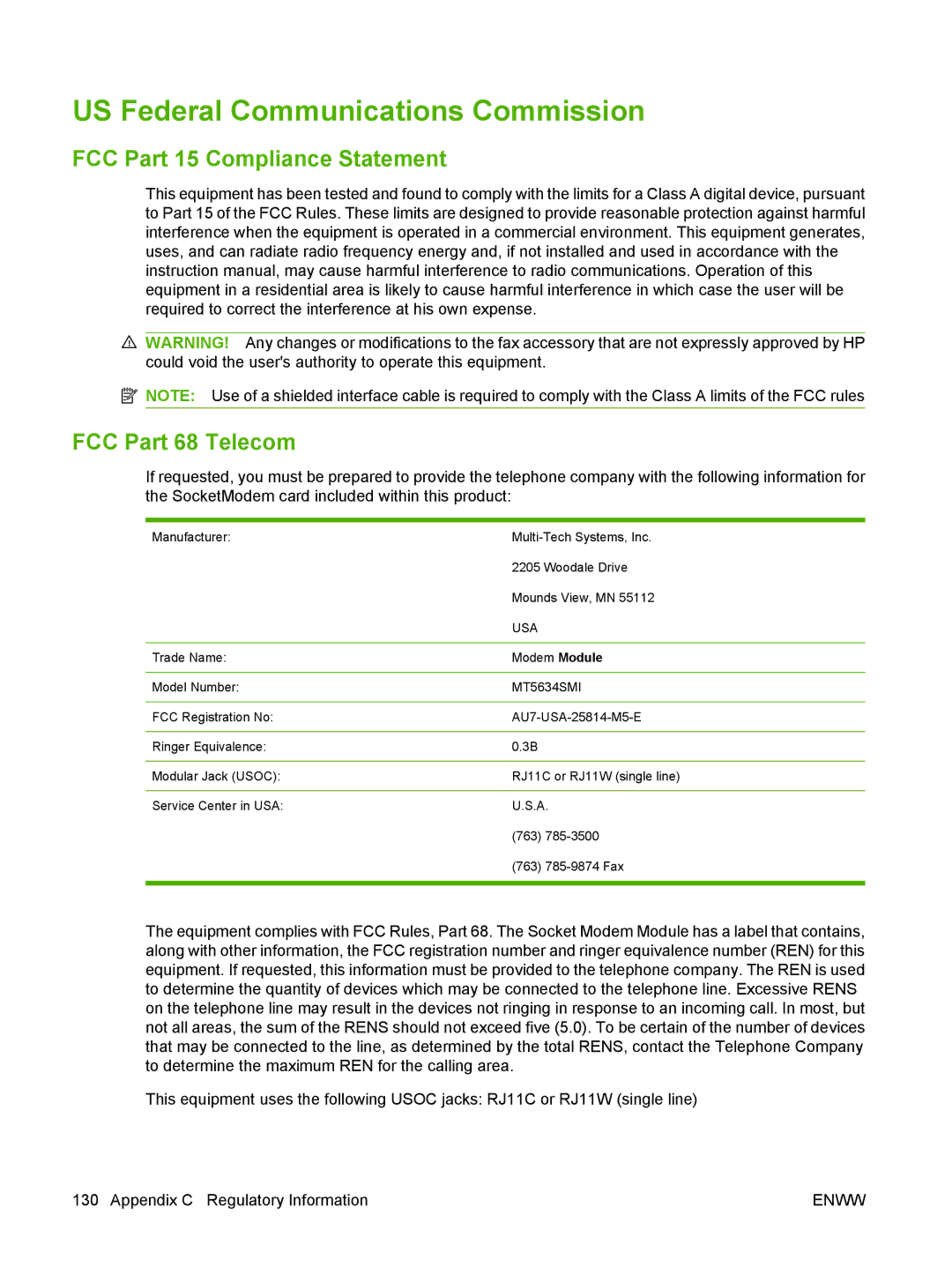 HP Q3701 manual US Federal Communications Commission, FCC Part 15 Compliance Statement FCC Part 68 Telecom 