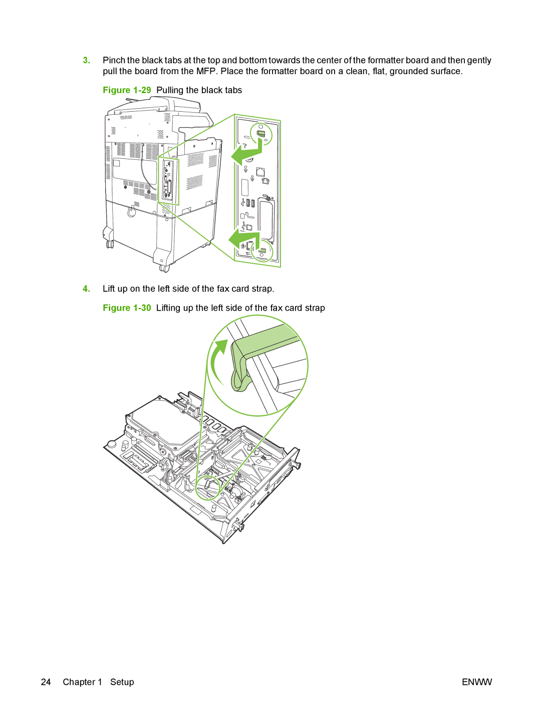 HP Q3701 manual 30Lifting up the left side of the fax card strap Setup 