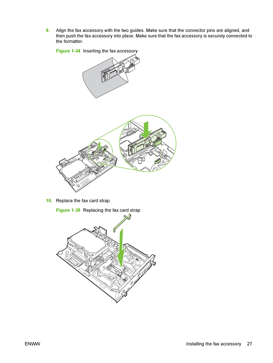 HP Q3701 manual 34Inserting the fax accessory Replace the fax card strap 