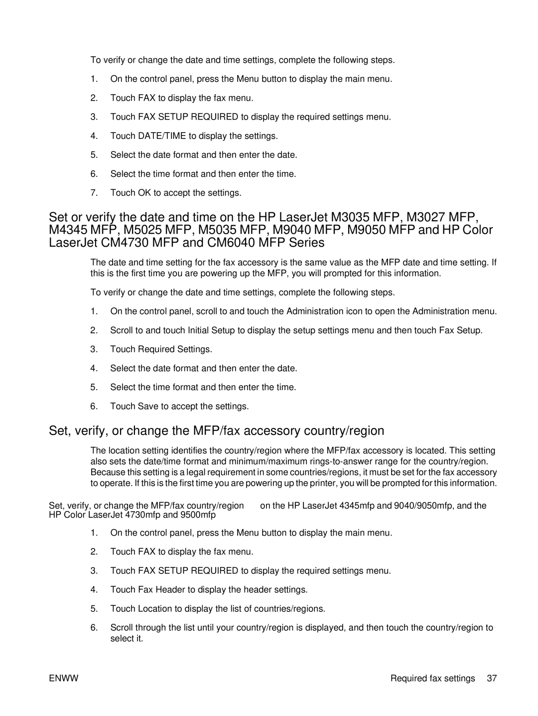 HP Q3701 manual Set, verify, or change the MFP/fax accessory country/region, Touch Required Settings 