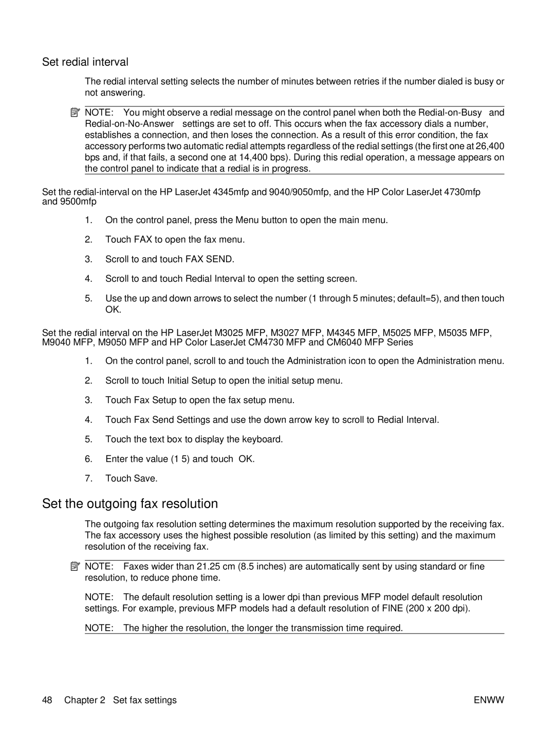 HP Q3701 manual Set the outgoing fax resolution, Set redial interval 