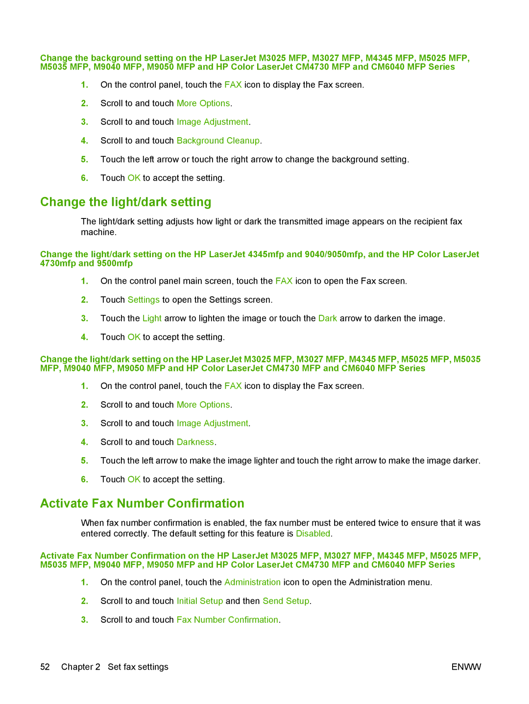 HP Q3701 Change the light/dark setting, Activate Fax Number Confirmation, Scroll to and touch Fax Number Confirmation 