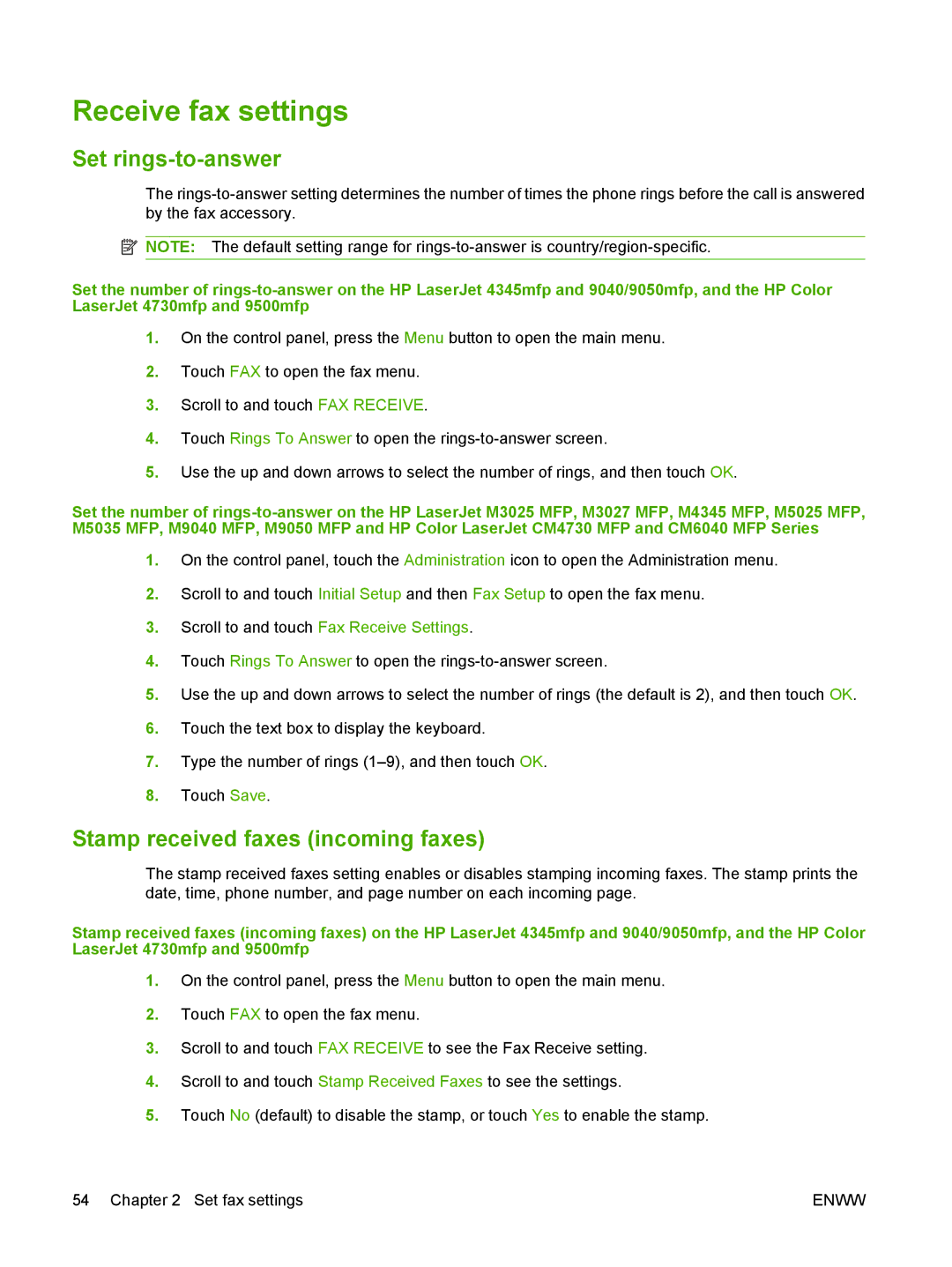 HP Q3701 manual Receive fax settings, Set rings-to-answer, Stamp received faxes incoming faxes 