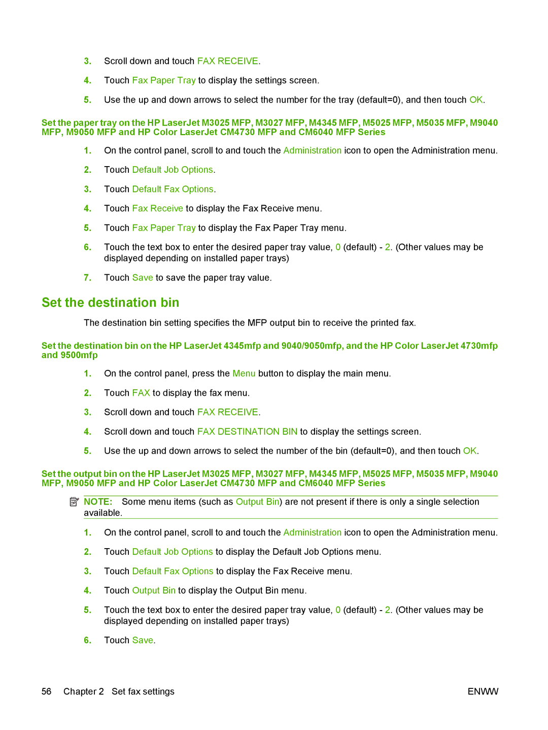 HP Q3701 manual Set the destination bin, Touch Default Job Options Touch Default Fax Options 