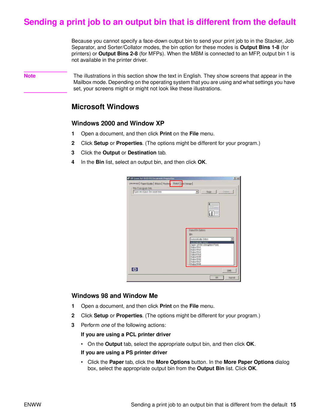 HP Q5693A manual Windows 2000 and Window XP, Windows 98 and Window Me, Click the Output or Destination tab 