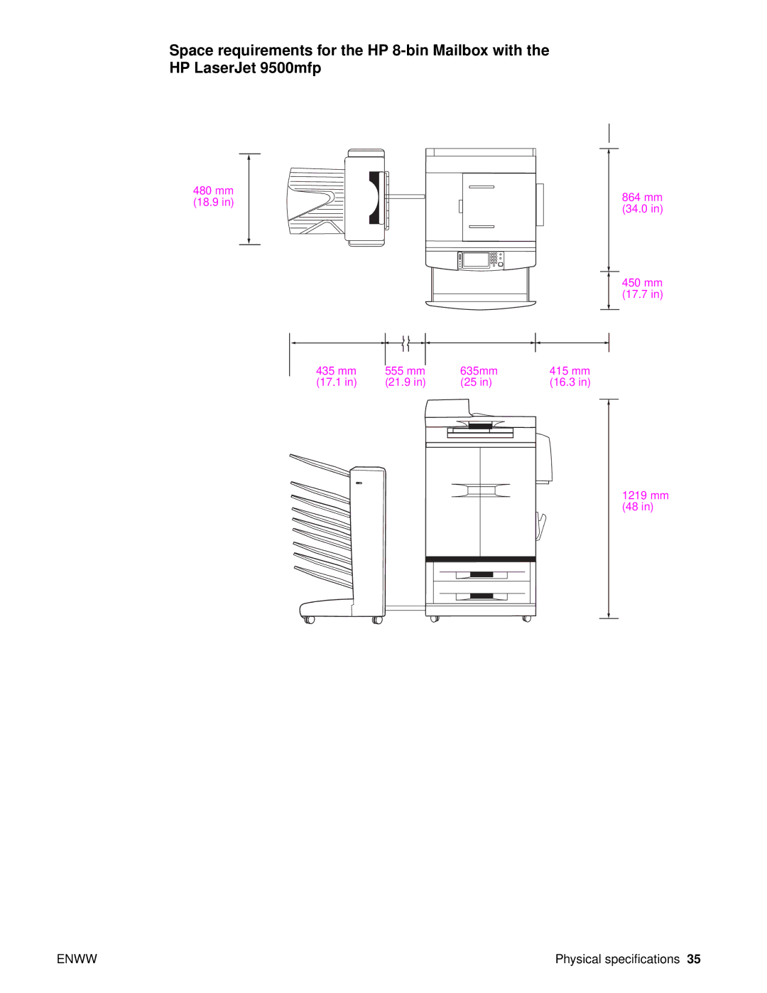 HP Q5693A manual 480mm 18.9 864 mm 34.0 450 mm 17.7 435 mm 555 mm 635mm 