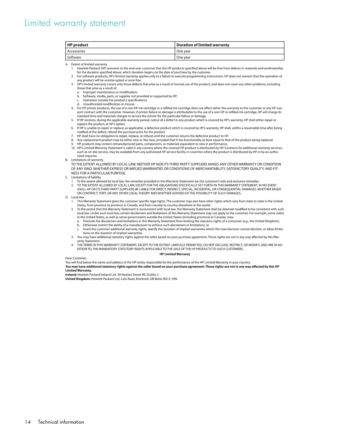 HP Q6275A manual Limited warranty statement 