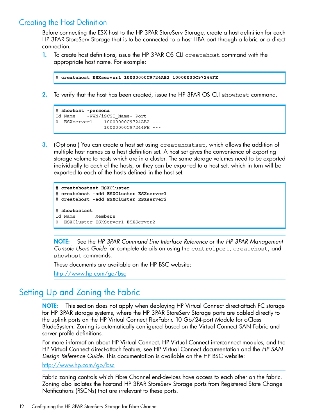 HP QR516B manual Setting Up and Zoning the Fabric, # createhost ESXserver1 10000000C9724AB2 10000000C97244FE 