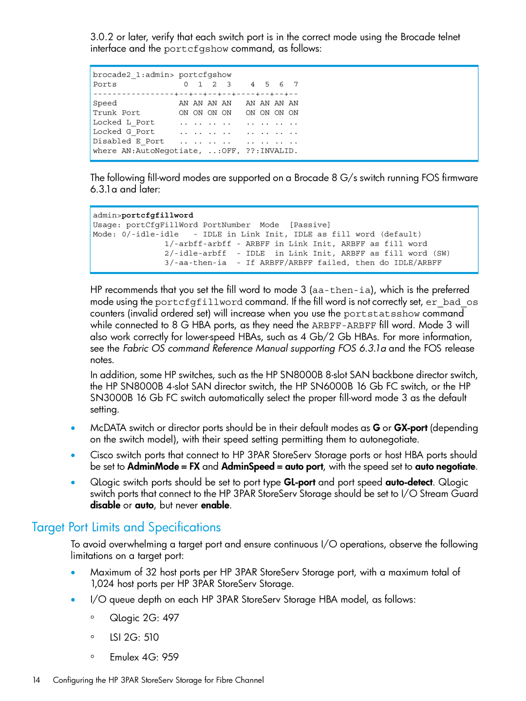 HP QR516B manual Target Port Limits and Specifications, Adminportcfgfillword 